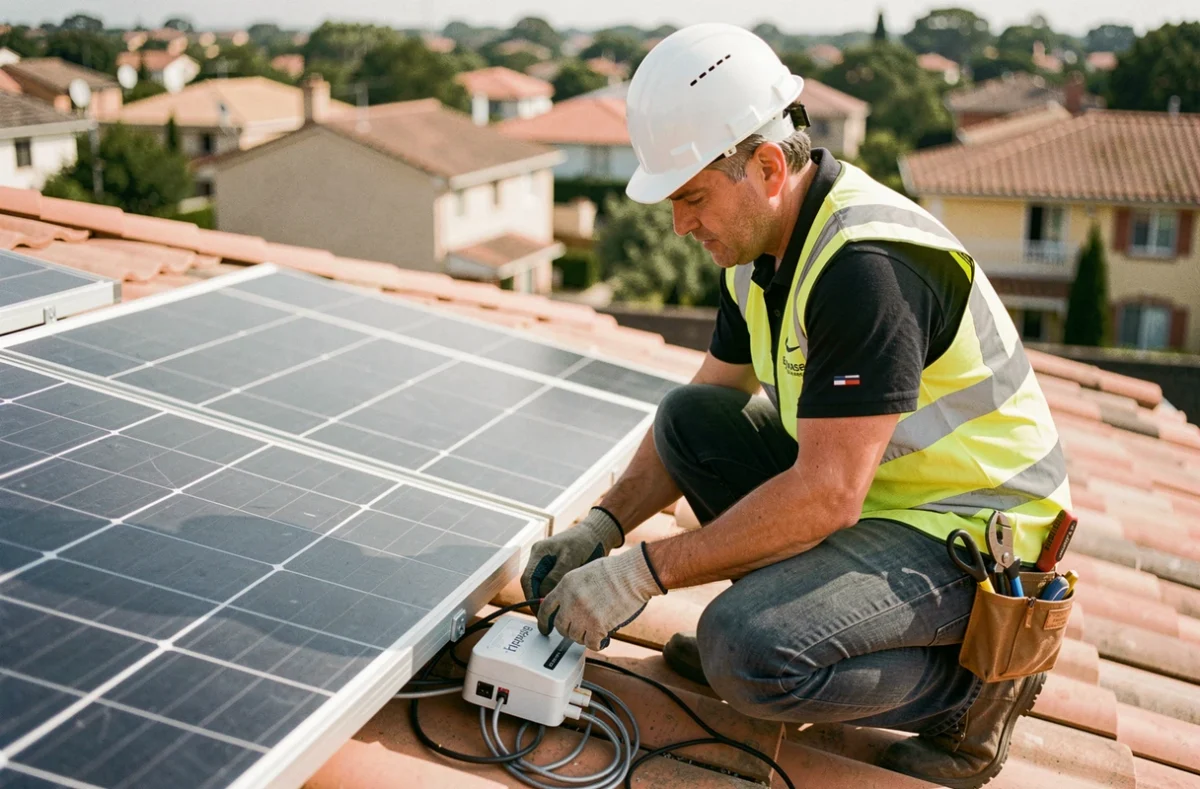 Technicien installant un micro-onduleur Enphase sur un panneau solaire lors d'une pose de kit 3000W