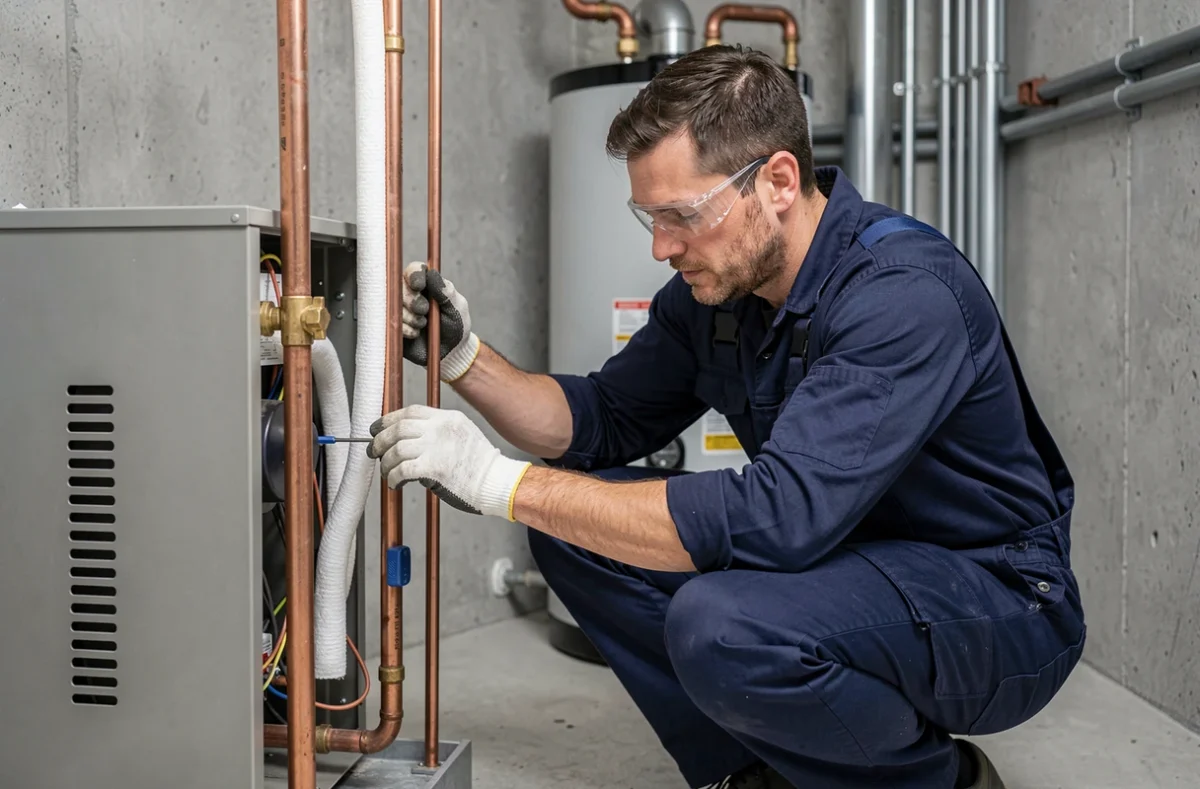 Technicien CVC inspectant l'installation intérieure d'une pompe à chaleur dans une chaufferie résidentielle