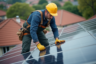 Technicien en toiture installant des panneaux solaires sur un toit