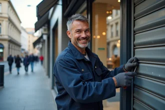 Technicien réparant un volet métallique en ville