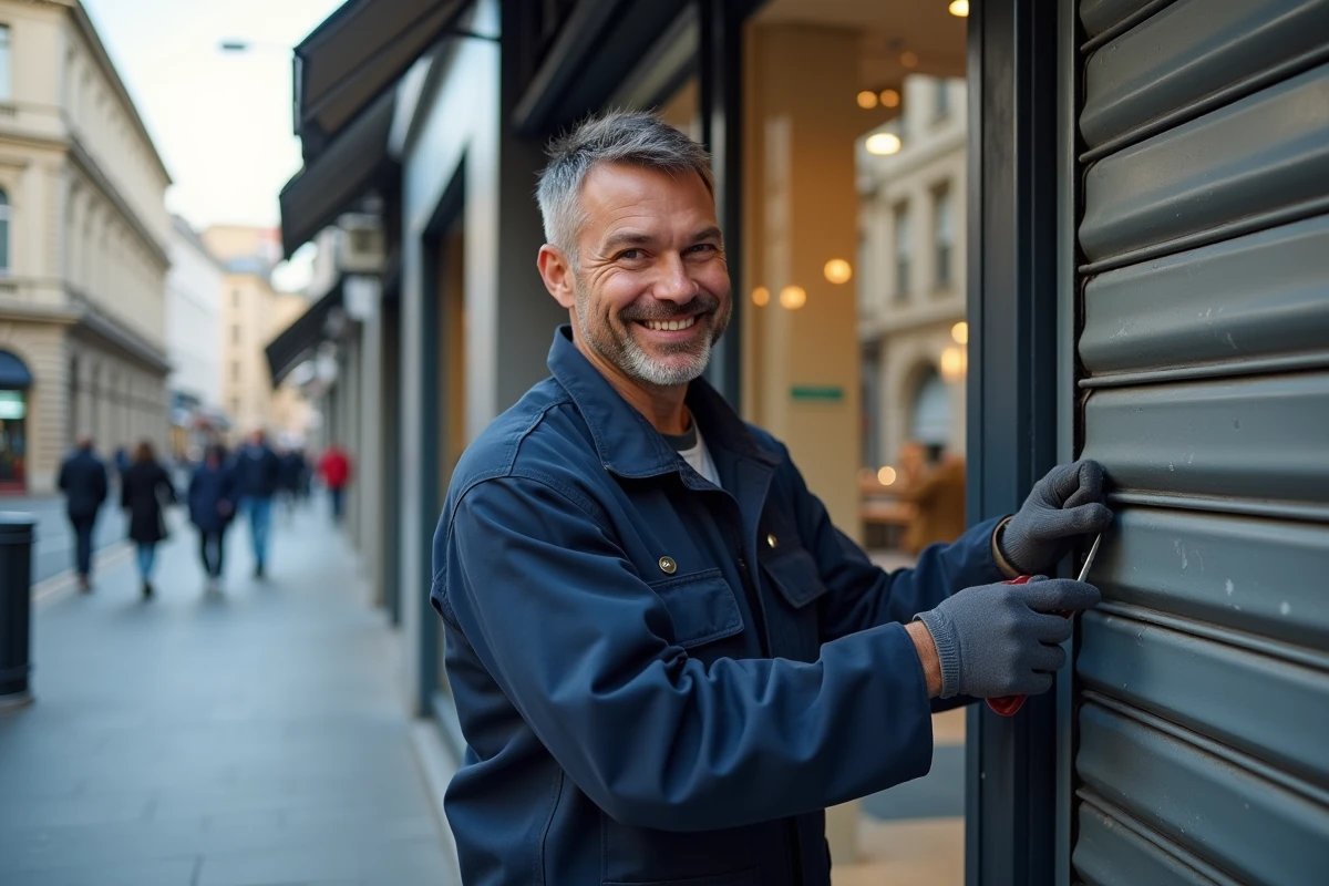 Technicien réparant un volet métallique en ville