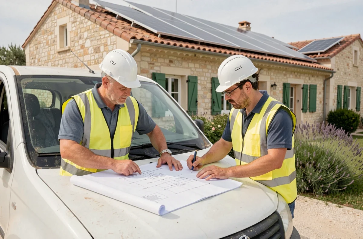 Deux techniciens solaires consultant des plans devant une maison provençale avec panneaux en cours de pose