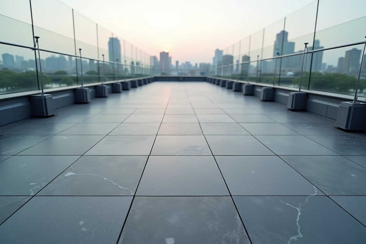 Terrasse sur toit recouverte de dalles sur plots réglables en grès anthracite avec vue sur skyline urbain
