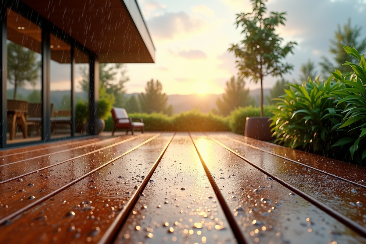 Terrasse moderne après la pluie avec gouttes sur le bois