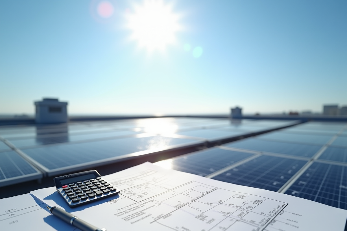 Toit moderne avec panneaux solaires sous un ciel bleu ensoleille
