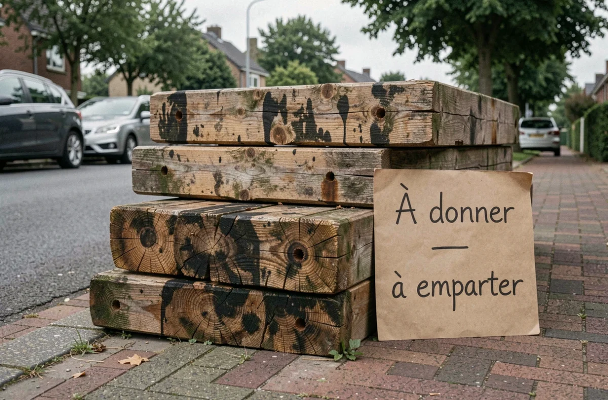 Traverses de chemin de fer posées sur un trottoir avec une pancarte à donner entre particuliers dans une rue résidentielle