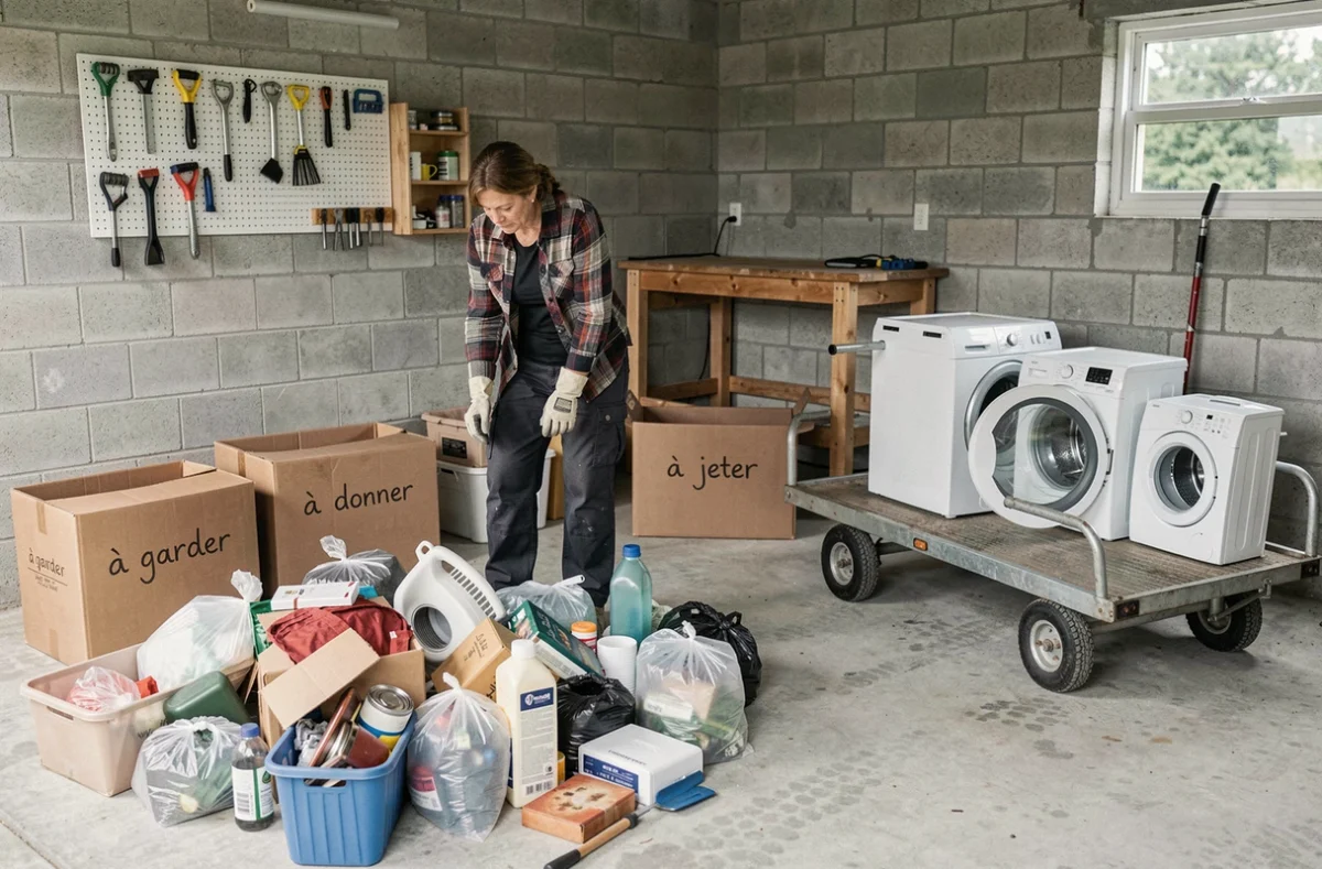 Femme triant des objets dans un garage lors d'un débarras organisé étape par étape