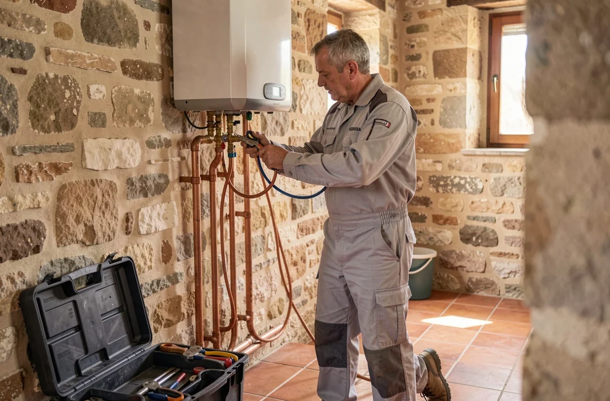 Technicien Verneau raccordant les liaisons frigorifiques d'une pompe à chaleur dans une maison en pierre