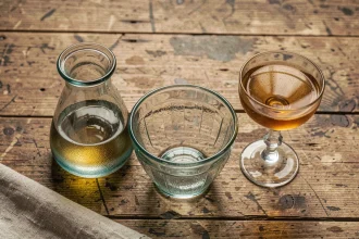 Trois pièces de verrerie Portieux vintage sur table en chêne : carafe, coupe et verre à liqueur avec détails de moule et teinte aqua caractéristiques
