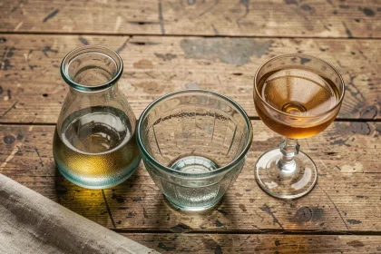 Trois pièces de verrerie Portieux vintage sur table en chêne : carafe, coupe et verre à liqueur avec détails de moule et teinte aqua caractéristiques