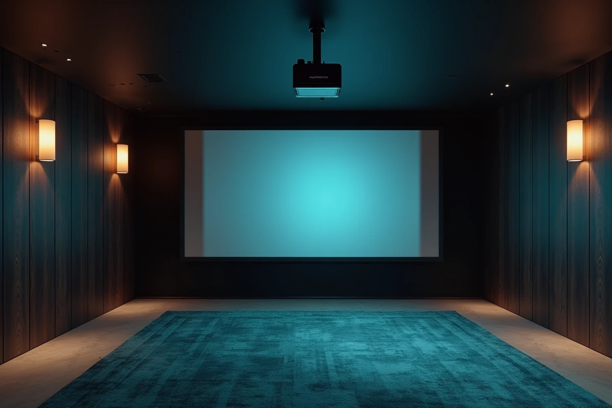 Vidéoprojecteur 4K au plafond et écran de projection tendu dans une salle de home cinéma moderne