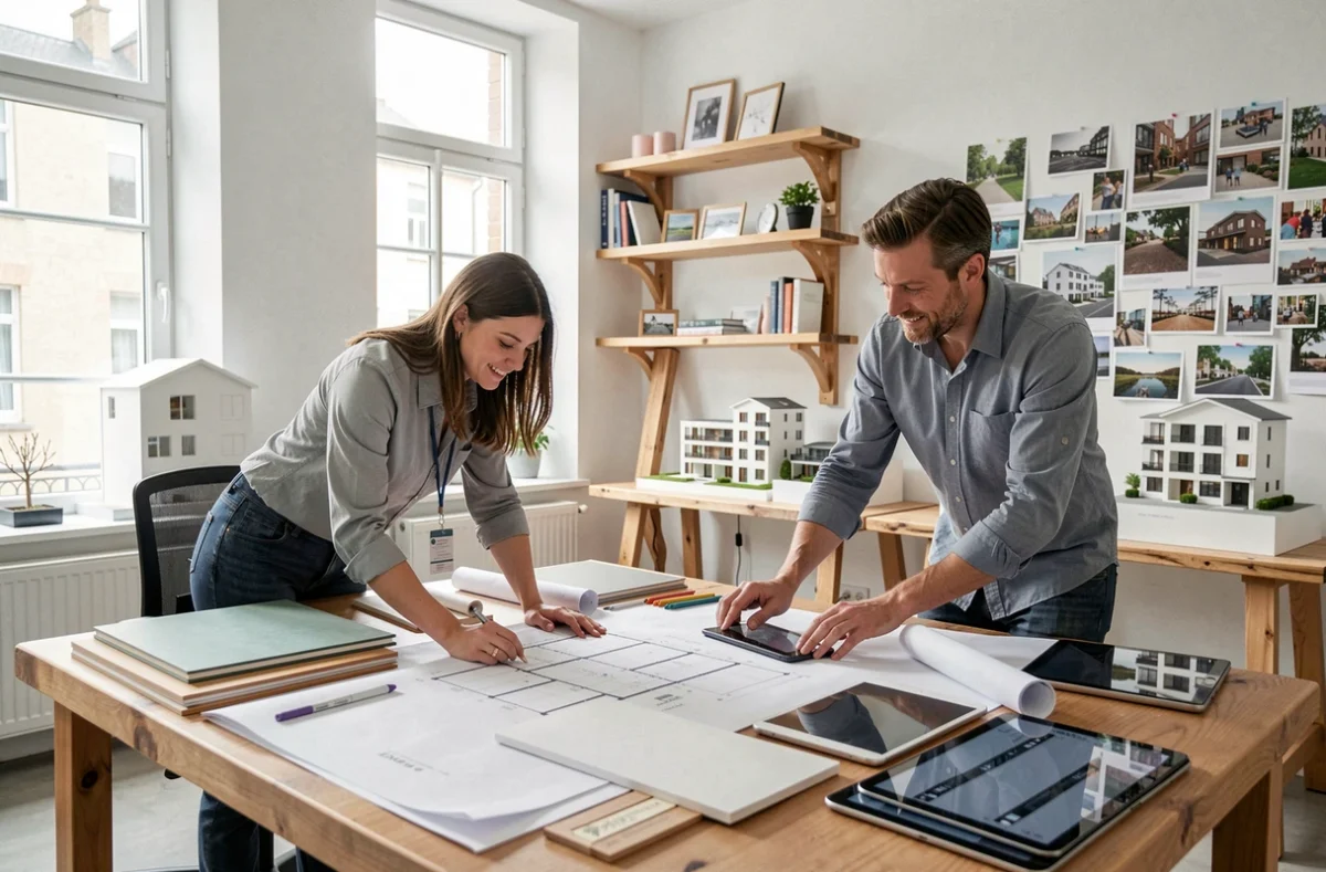 Deux architectes de Wunder Architectes collaborant sur des plans architecturaux dans leur agence rennaise avec maquettes et grandes fenêtres