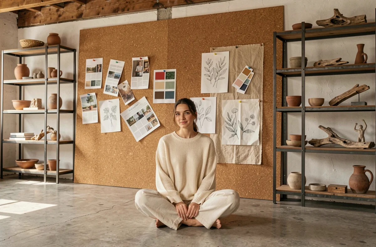 Lorène d'Ynspir assise dans son atelier créatif devant un mur d'inspiration avec échantillons de peinture et coupures de magazines